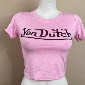 Pink Von Dutch logo crop knit top tee shirt M